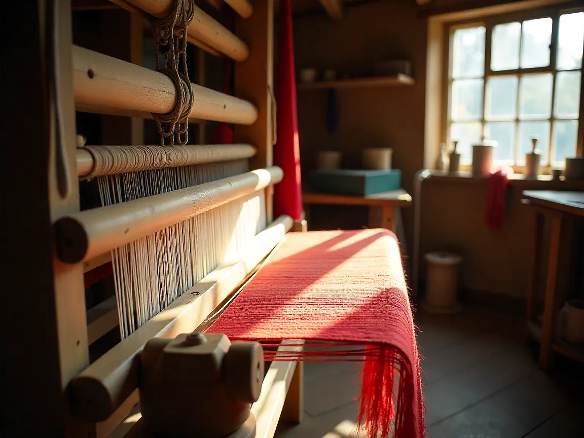 Traditional loom weaving workshop with colorful threads