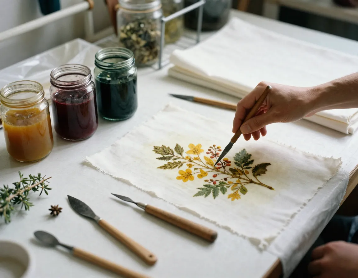 Fabric printing workspace with natural dyes and tools